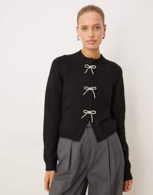 Asos Design Diamante Bow Front Cardigan In Black