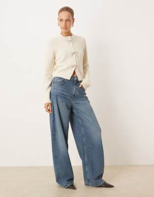 Asos Design Diamante Bow Front Cardigan In Neutral