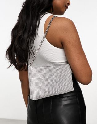 ASOS DESIGN diamante chainmail zip top clutch bag with strap in silver
