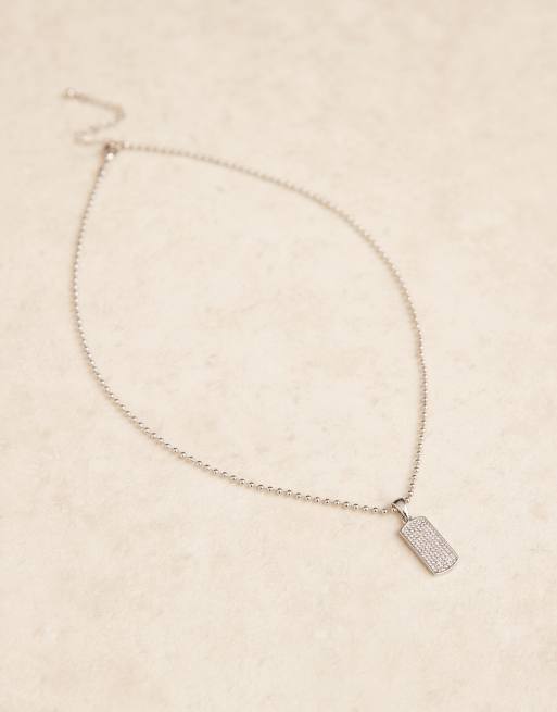 ASOS DESIGN Diamante dog tag pendant necklace in silver