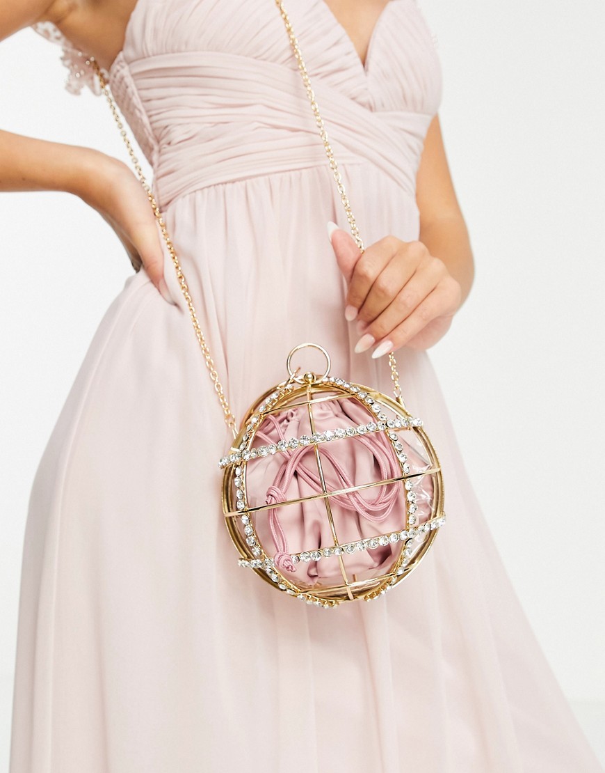 ASOS DESIGN diamante embellished cage sphere bag in gold
