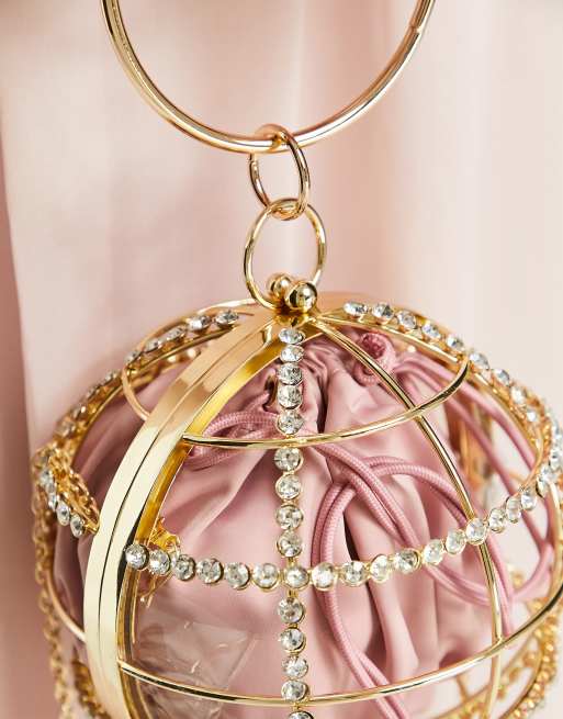 ASOS DESIGN cage sphere clutch bag in gold chain