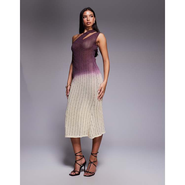 ASOS Design Diamante Embellished Crochet Slash Shoulder Midi Dress in Pink Ombre print-Multi