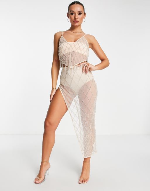 Diamante Mesh Maxi Split Skirt