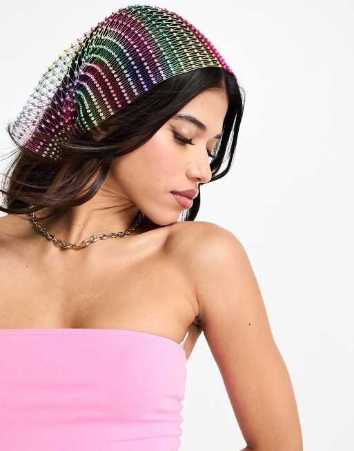 ASOS DESIGN diamante fishnet headscarf in multi, 4 of 4