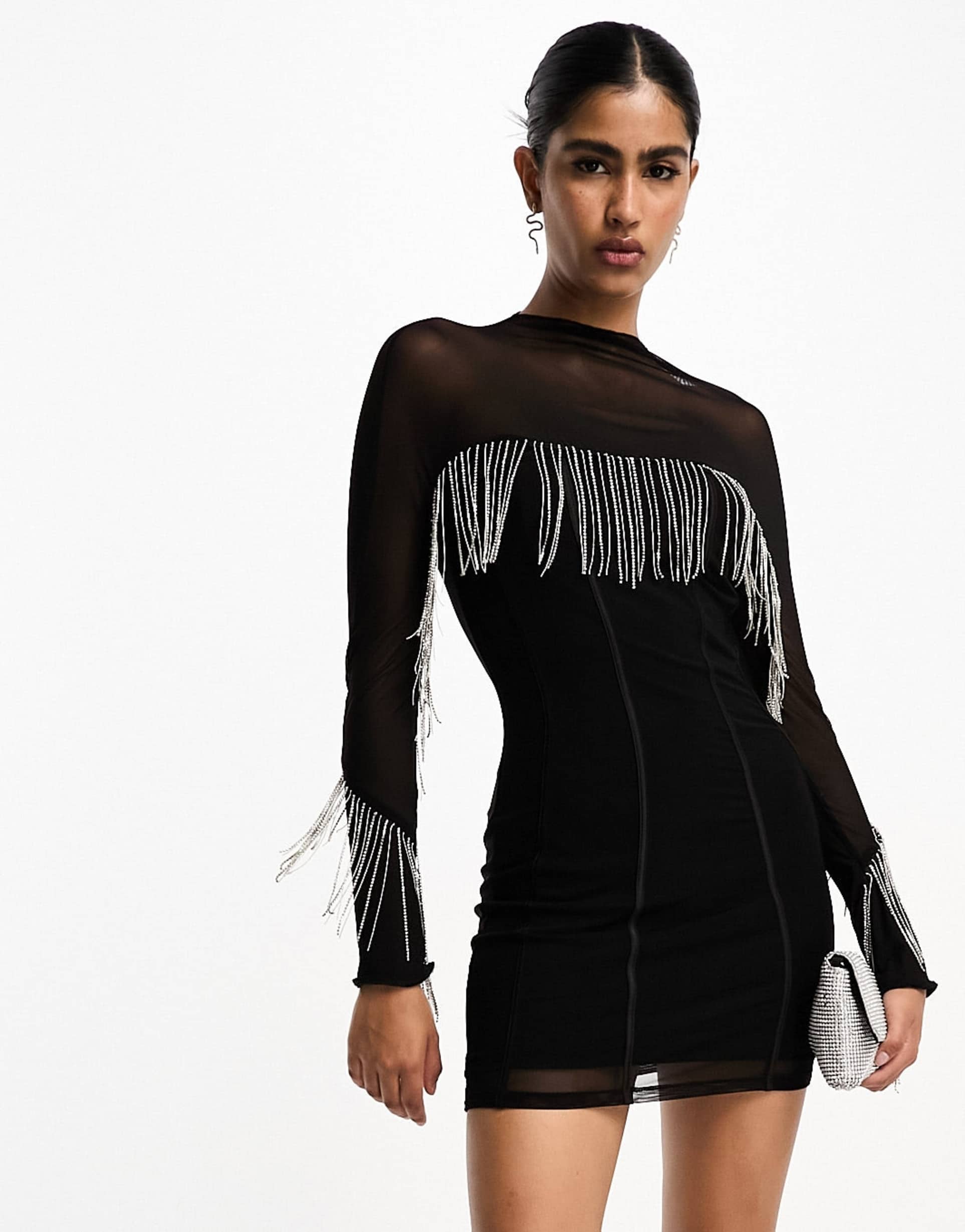 asos design diamante fringe mesh mini dress in black