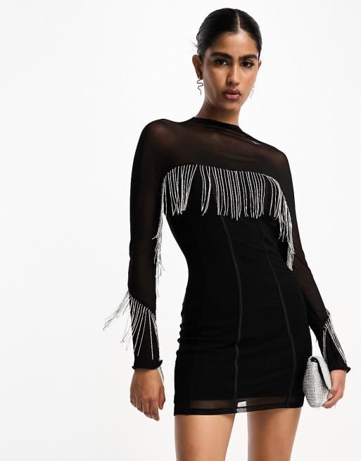 Call On Me Diamante Fringe Mini Dress Black  Mini dress, Mini black dress,  Fringe mini dress