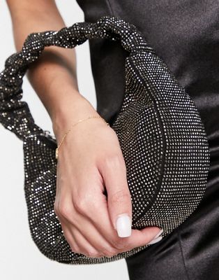 ASOS DESIGN diamante grab clutch bag with ruched handle in black | ASOS