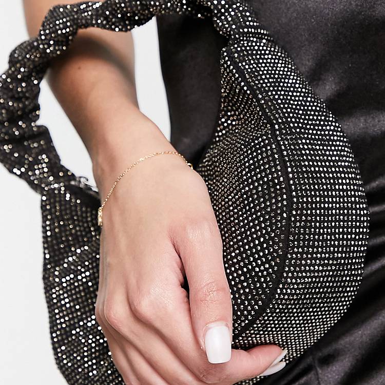 ASOS DESIGN diamante grab clutch bag with ruched handle in black