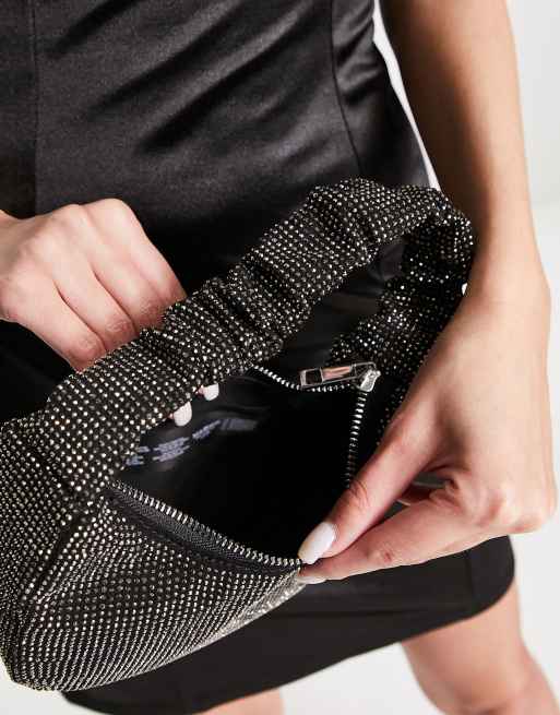 ASOS DESIGN diamante grab clutch bag with ruched handle in black