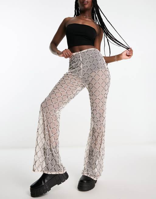 Women Mesh Flare Pants Wide Leg Pant See Through Transparent Pants Bikini  Cover Up 