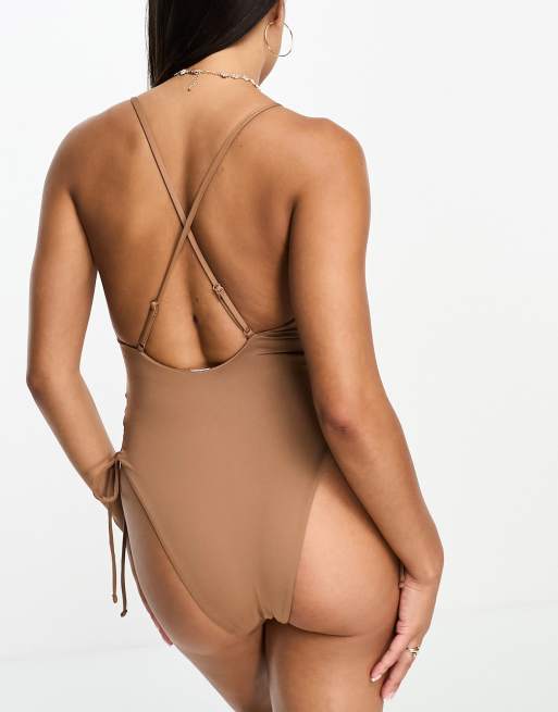 ASOS DESIGN plunge side bodysuit in brown