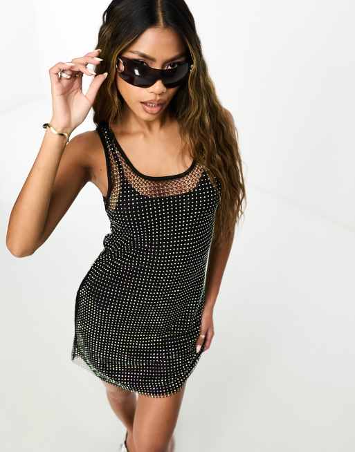 ASOS DESIGN diamante scoop neck vest mini dress in black 
