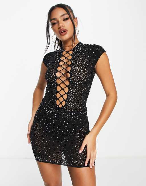 ASOS DESIGN diamante seamless bodysuit and skirt set in black