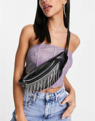 ASOS DESIGN diamante tassel bum bag in black