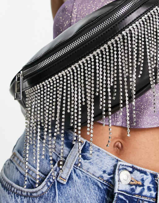 ASOS DESIGN diamante tassel bum bag in black | ASOS