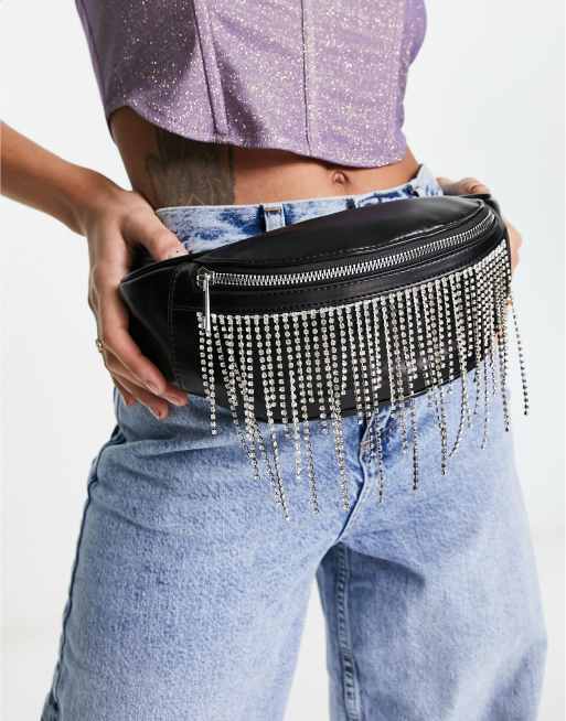 ASOS DESIGN diamante tassel bum bag in black | ASOS