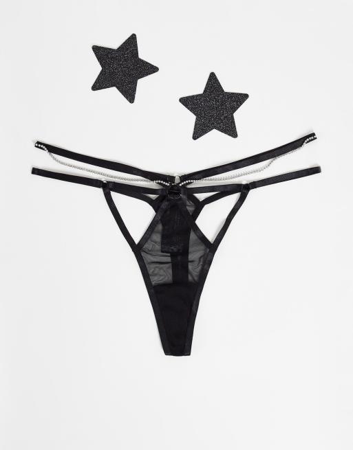 ASOS DESIGN Diamante thong with bag in black