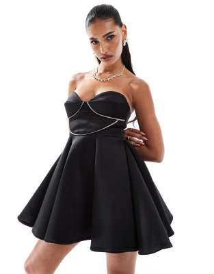 Asos Design Diamante Trim Corset Mini Dress With Full Skirt In Black