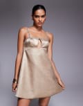 [ASOS DESIGN] ASOS DESIGN diamante trim cutout trapeze mini dress in metallic gold 6 GOLD