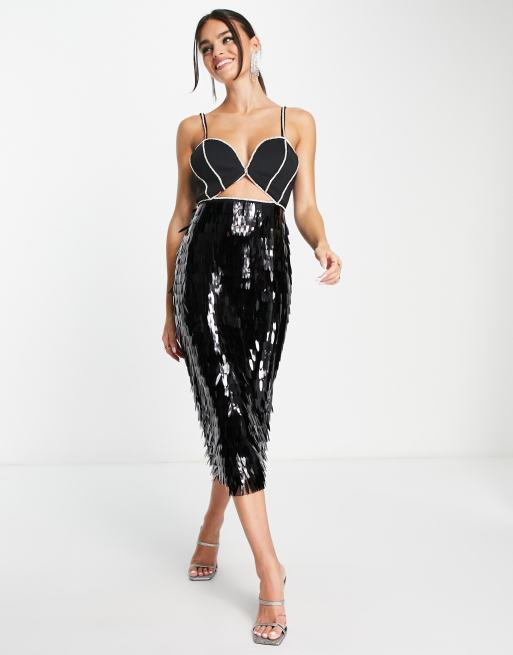 Black Sequin Low Back Midi Dress, Dresses