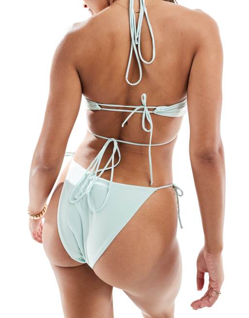 ASOS DESIGN diamante v front tie side bikini bottom in mint green, 2 of 4