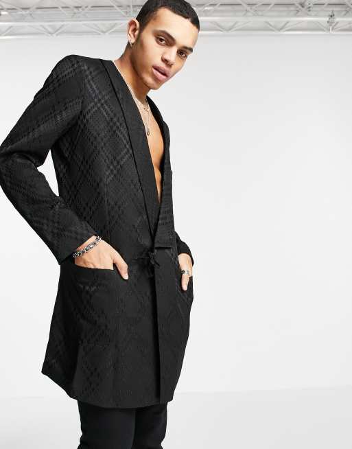 ASOS DESIGN – Diamantmönstrat jacquardvävd smal kavaj i lång kimonomodell, del av kostym