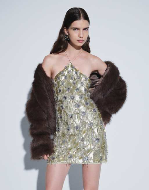 ASOS DESIGN diamond fringe halter embellished mini dress in gold, 5 of 10