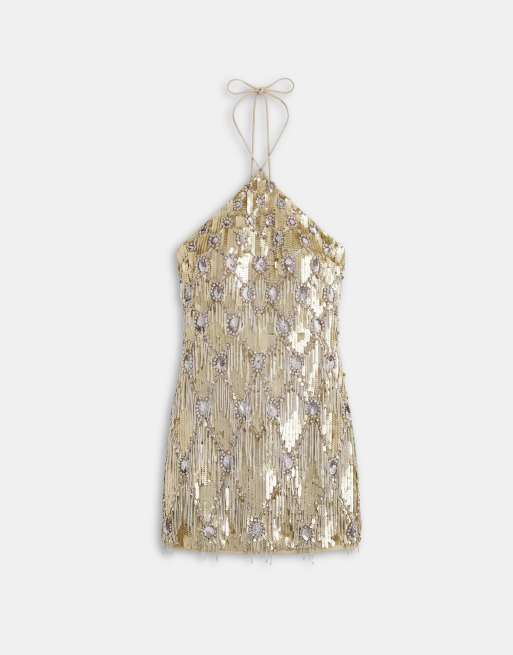 ASOS DESIGN diamond fringe halter embellished mini dress in gold, 7 of 10