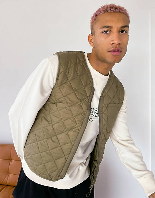 ASOS DESIGN diamond quilt vest in khaki