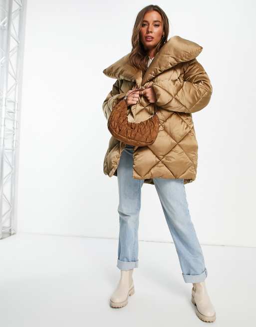 ASOS DESIGN diamond waterfall belted puffer jacket in bronze