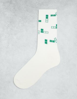 ASOS DESIGN dice print sock in ecru-White