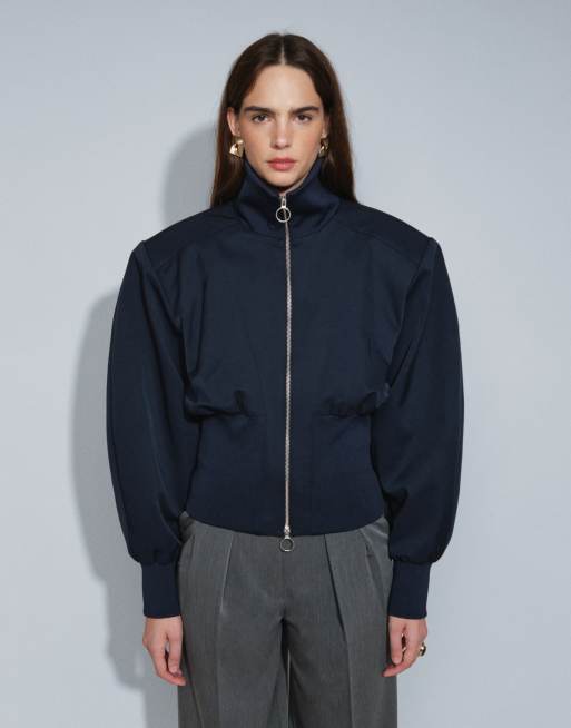 ASOS DESIGN diep geribd jack met trekkoord en rits in navy, 3 van 5