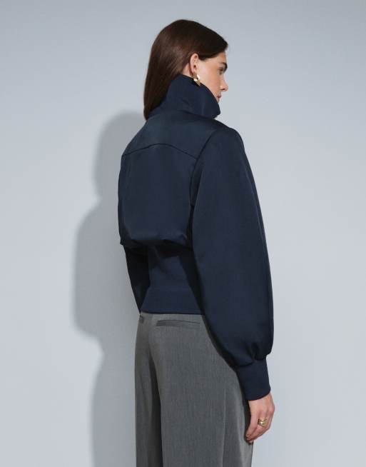 ASOS DESIGN diep geribd jack met trekkoord en rits in navy, 4 van 5