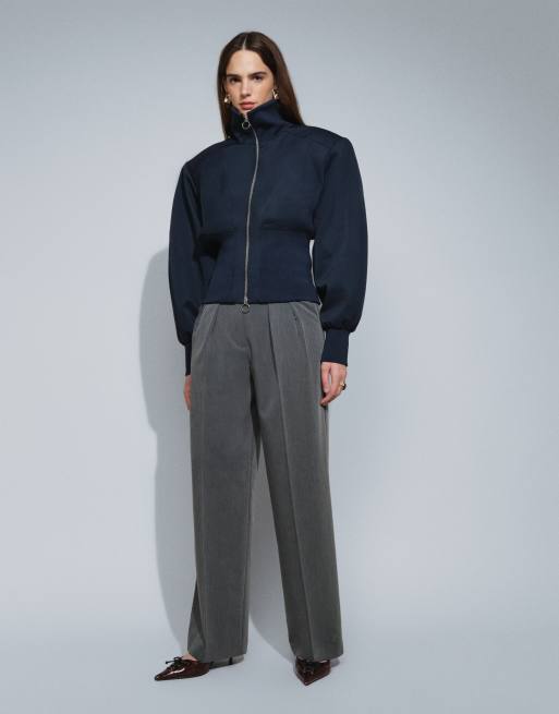 ASOS DESIGN diep geribd jack met trekkoord en rits in navy, 5 van 5