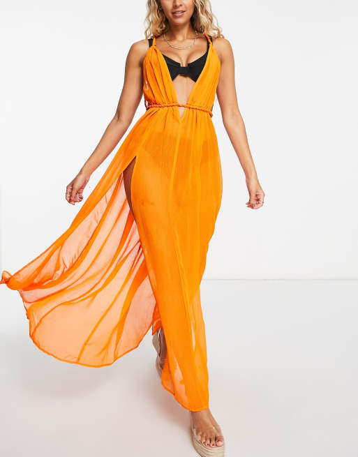 ASOS DESIGN - Diepuitgesneden, doorschijnende maxi strandjurk met touwdetail in oranje