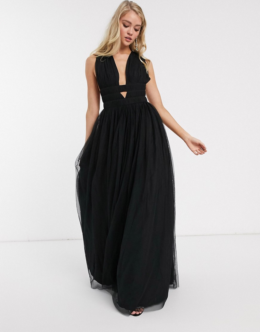 ASOS DESIGN - Diepuitgesneden gelaagde lange jurk van Grieks tule in zwart