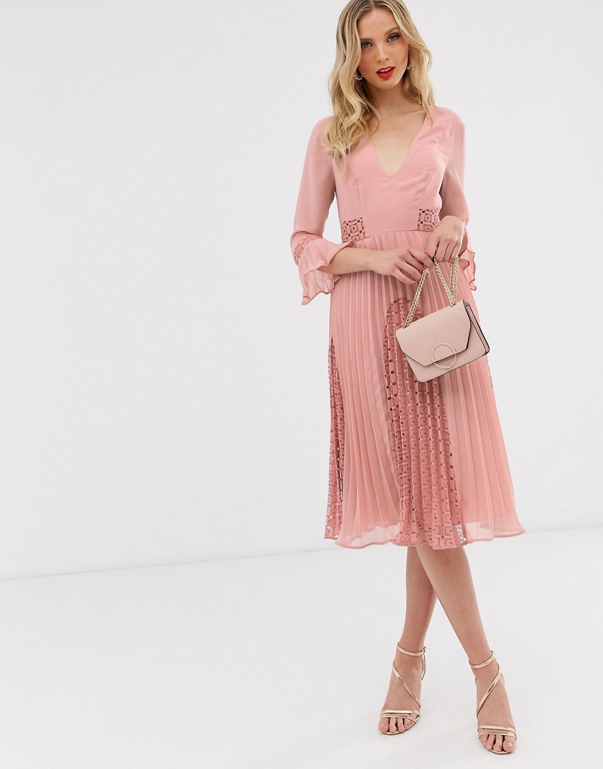 ASOS DESIGN - Diepuitgesneden, geplooide midi-jurk met kanten inzet-Roze