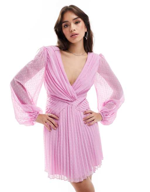 ASOS DESIGN - Diepuitgesneden geplooide mini-jurk van dobbystof met uitlopende mouwen en overslag in lila