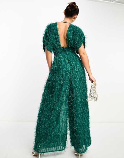 ASOS DESIGN - Diepuitgesneden jumpsuit in pluizig groen metallic, 4 van 4