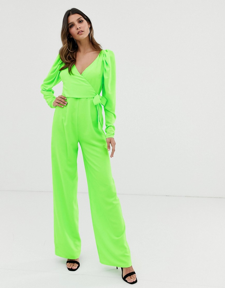ASOS DESIGN - Diepuitgesneden jumpsuit met lange mouwen en overslag en aangerimpelde mouwen-Groen