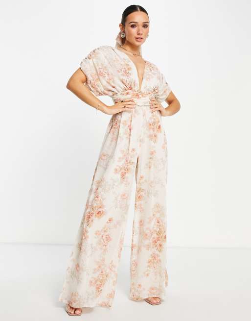 ASOS DESIGN - Diepuitgesneden jumpsuit met wijde pijpen en sjaal met bloemetjesbehangprint