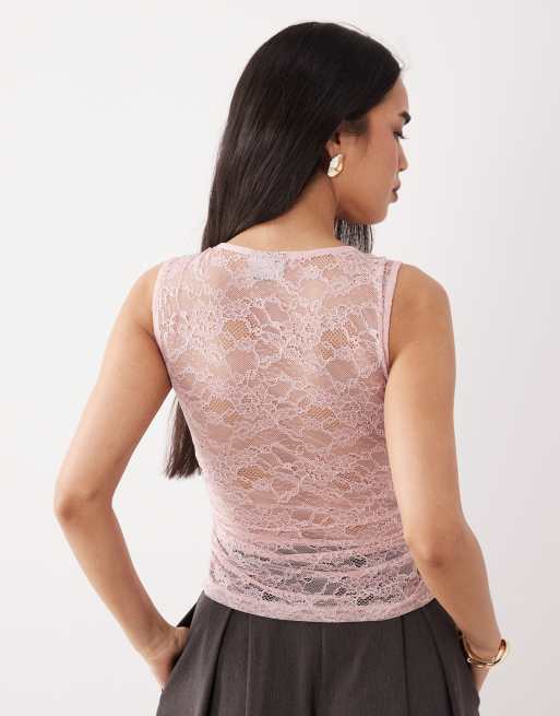 ASOS DESIGN - Diepuitgesneden kanten top in oudroze, 4 van 4