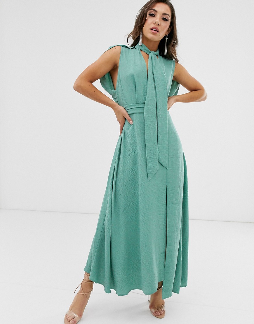 ASOS DESIGN - Diepuitgesneden lange jurk met kapmouwtjes-Groen