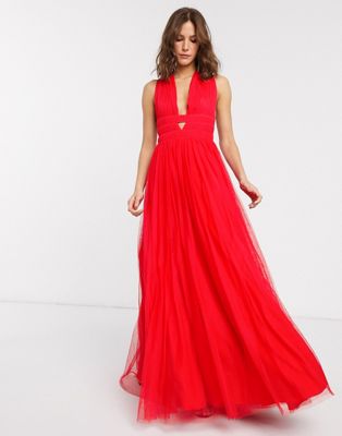ASOS DESIGN - Diepuitgesneden lange jurk met laagjes Griekse tule-Rood