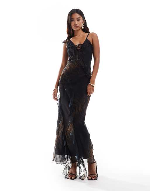 ASOS DESIGN - Diepuitgesneden maxi cami jurk met ruches en veters in dierenprint