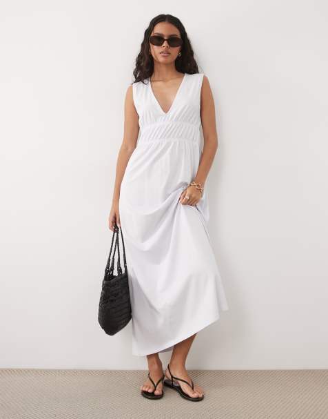 ASOS DESIGN - Diepuitgesneden maxi jurk met gerimpeld lijfje in wit - view 1