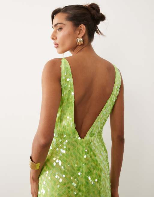 ASOS DESIGN - Diepuitgesneden maxi jurk met iriserende lovertjes en fishtail in groen, 3 van 4