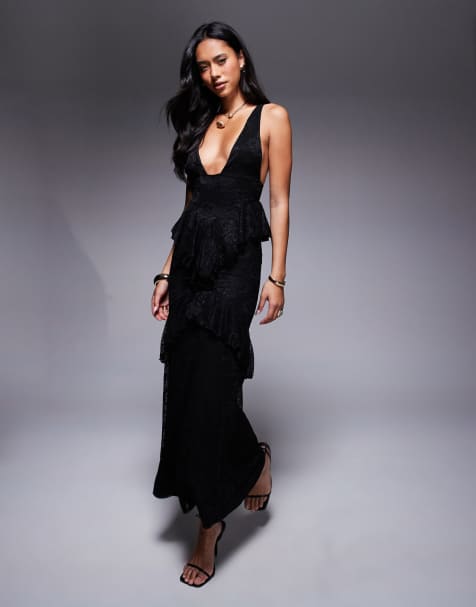 ASOS DESIGN - Diepuitgesneden maxi jurk met ruches en kant in zwart - view 1