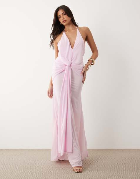 ASOS DESIGN - Diepuitgesneden maxi jurk met ruches in oudroze - view 1